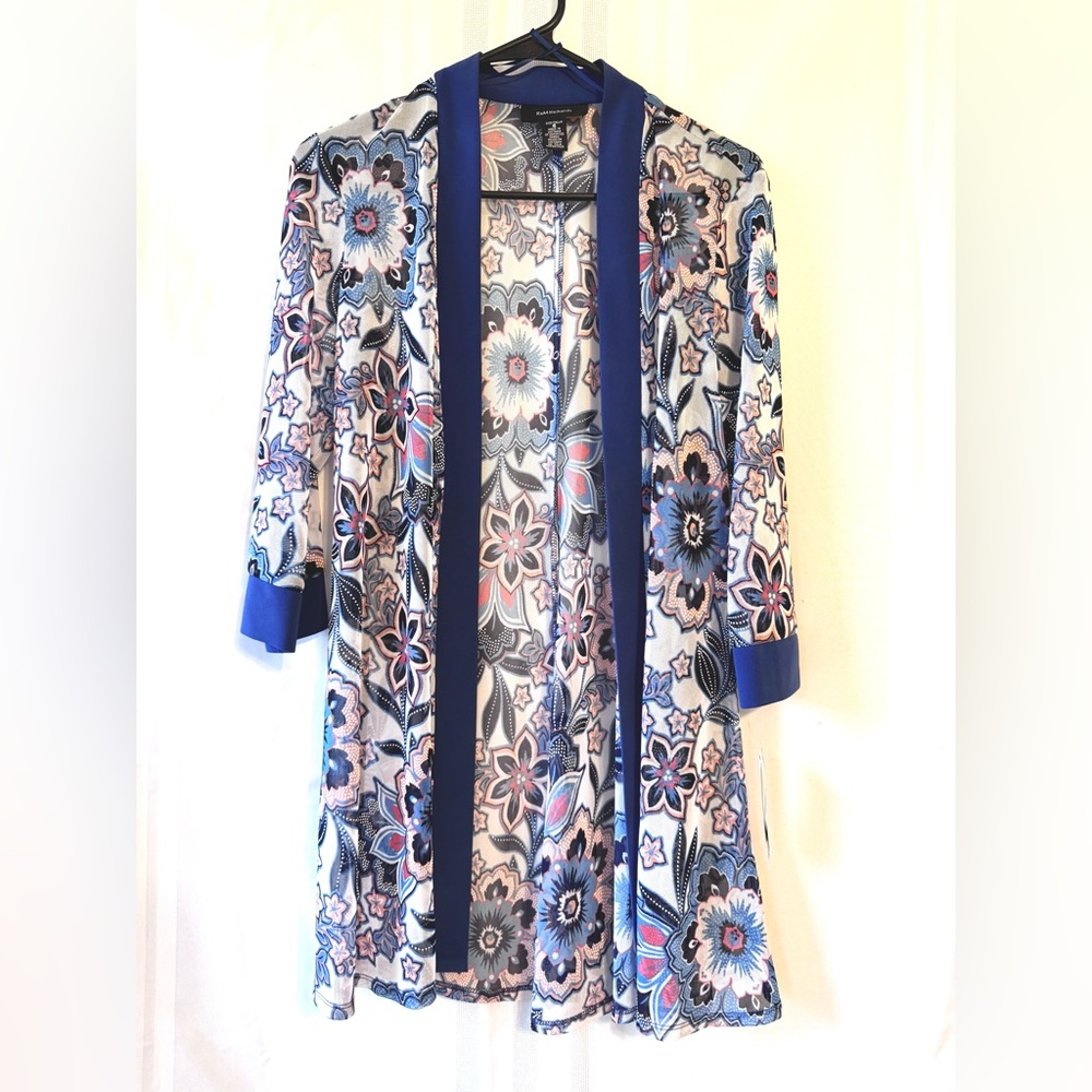 R & M Richards Womens Floral Cardigan Kimono Lightweight 3/4 Sleeve Navy 6 NWT
